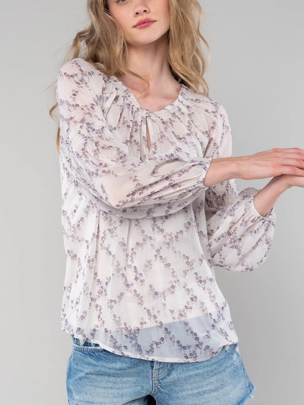 Sheer Floral Peasant Blouse - White with Lilac Floral